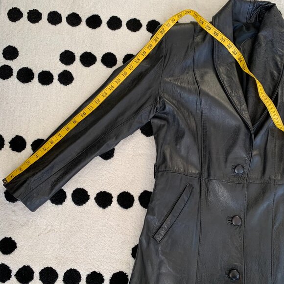 Vintage 90s Black Leather Trench Coat Retro Maxi Long Length Jacket Overcoat - Picture 14 of 16